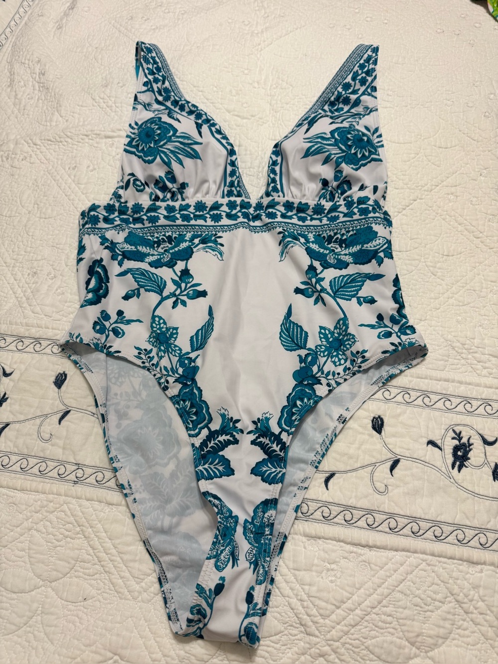 White One-Piece Swimsuit with Teal Floral Print XL (fits small)